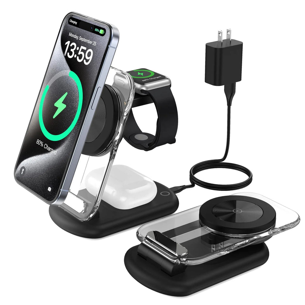 Transparent folding magnetic wireless charger showing internal components, charging an iPhone and AirPods case on a desk.