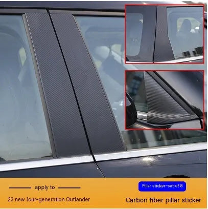 Pre-cut protective film set for 23 Outlander window pillars in carbon fibre pattern and bright black finishes.