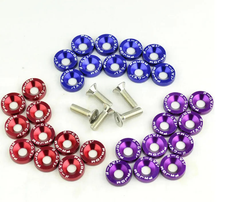 Car modification gasket screw set showing 10 pieces in eight different colours including black, red, blue and silver