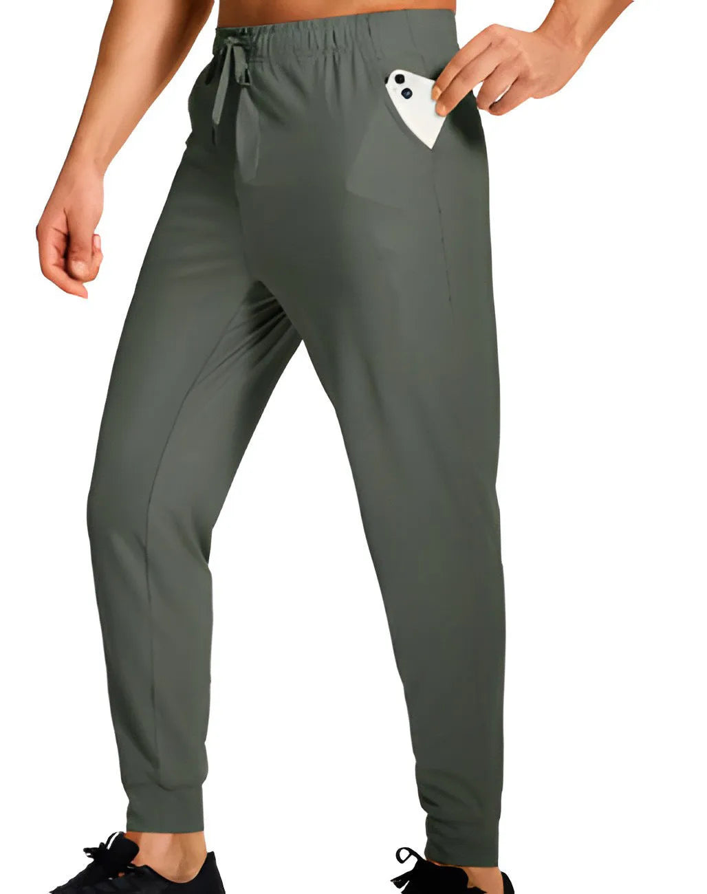 Men's loose fit solid colour casual trousers in polyester fabric on a hanger