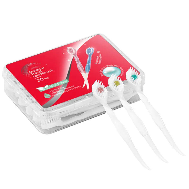 Box of 20 disposable bead toothbrushes in compact packaging for travel hygiene.