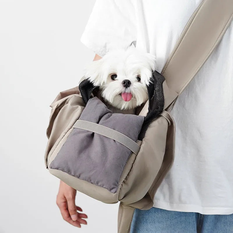 Apricot-coloured cloth pet handbag measuring 41x16x28cm with carrying handles