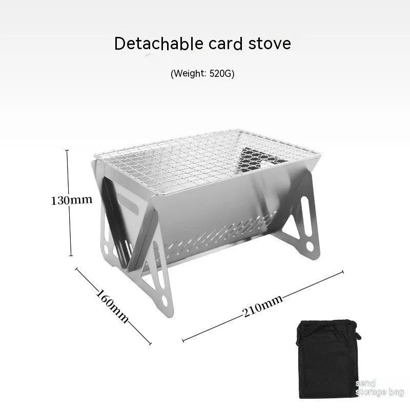 Folding stainless steel outdoor barbecue grill oven with large cooking rack, shown with storage bag.