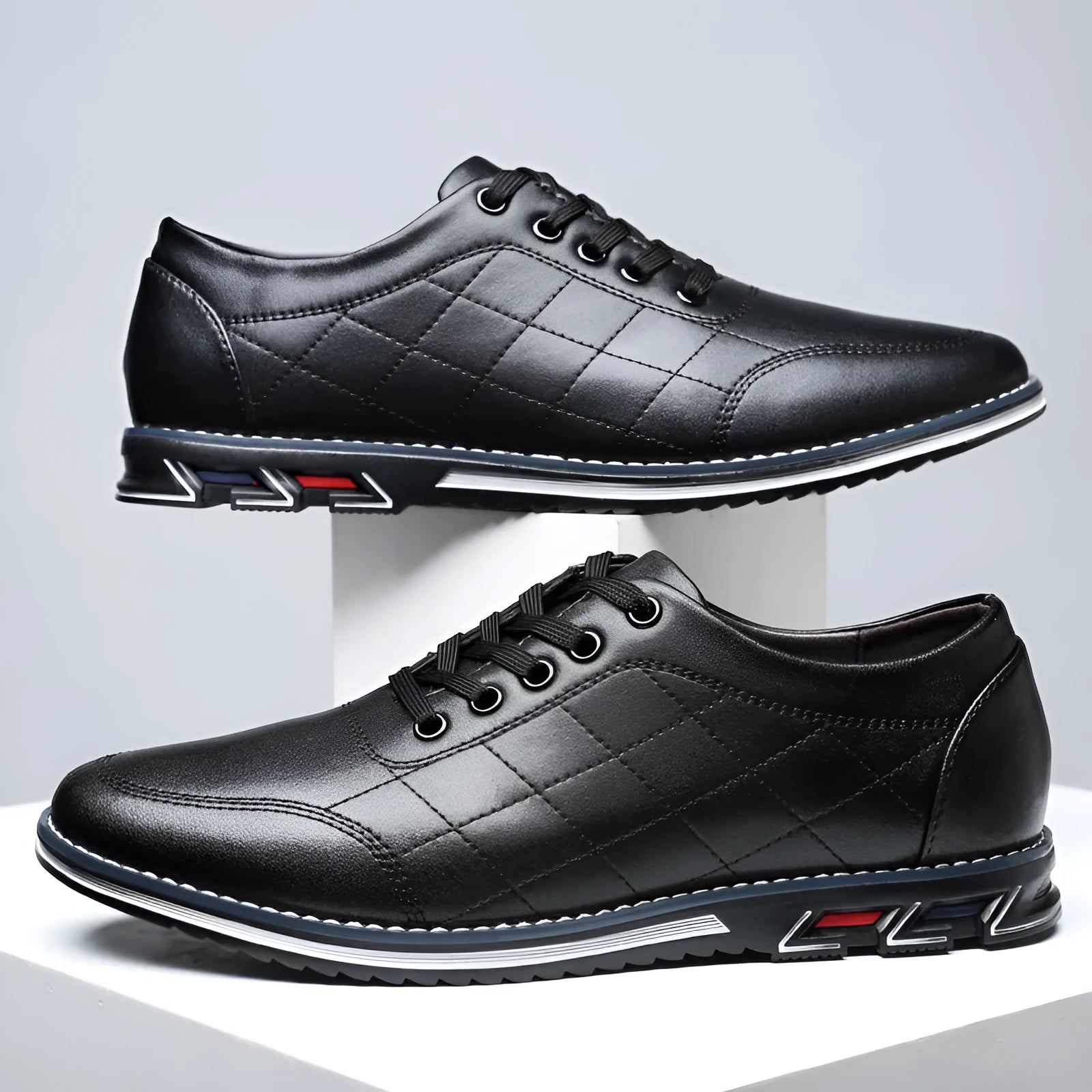 Non-slip casual sports shoes with round toe, square heel, artificial PU upper, and rubber sole in black