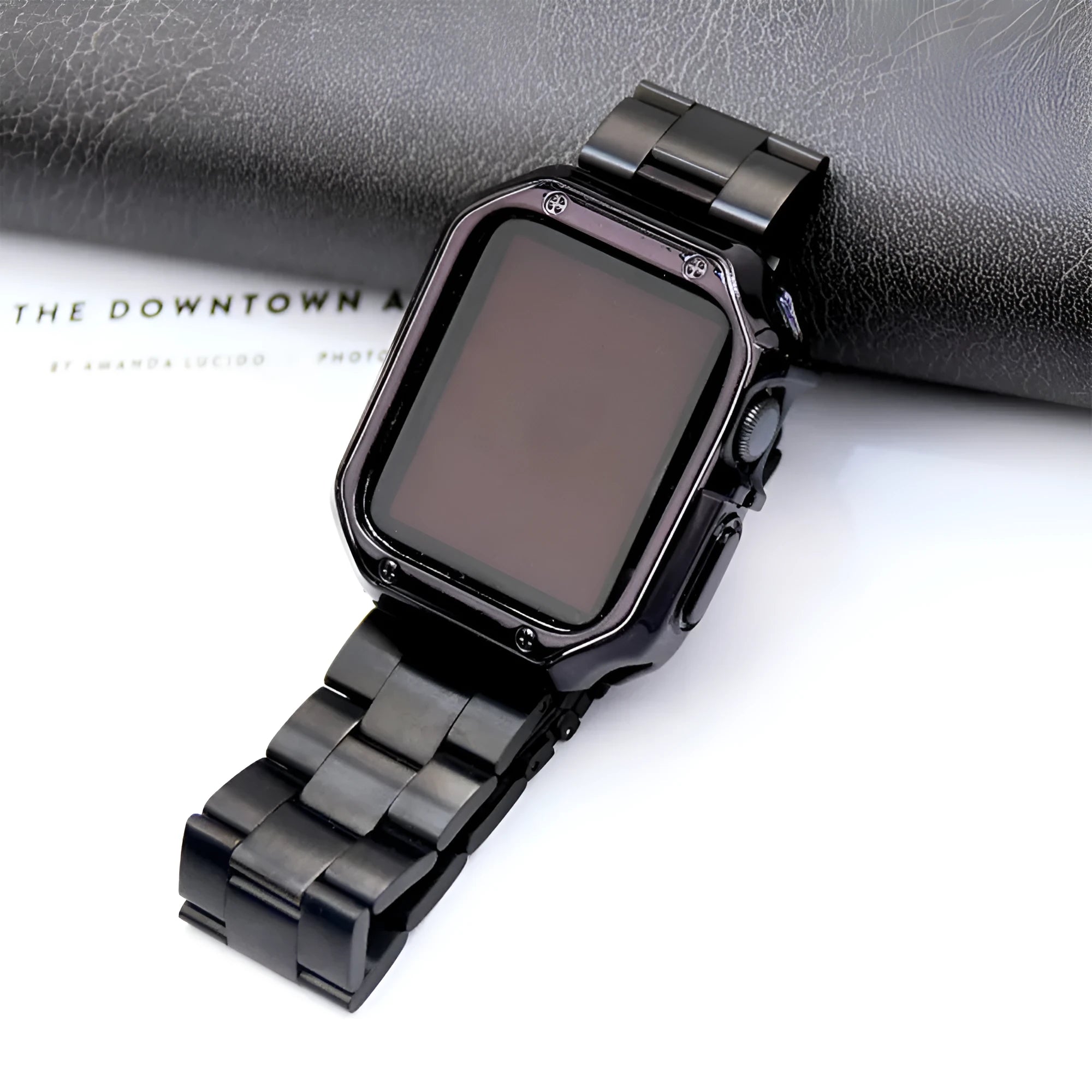Stainless steel link band and black TPU protective frame for Apple Watch 44mm case