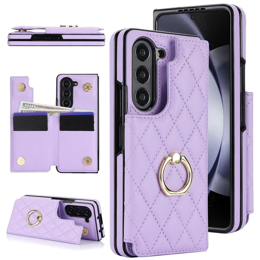 Samsung Z Fold PU leather case with double buckle shell and ring in black