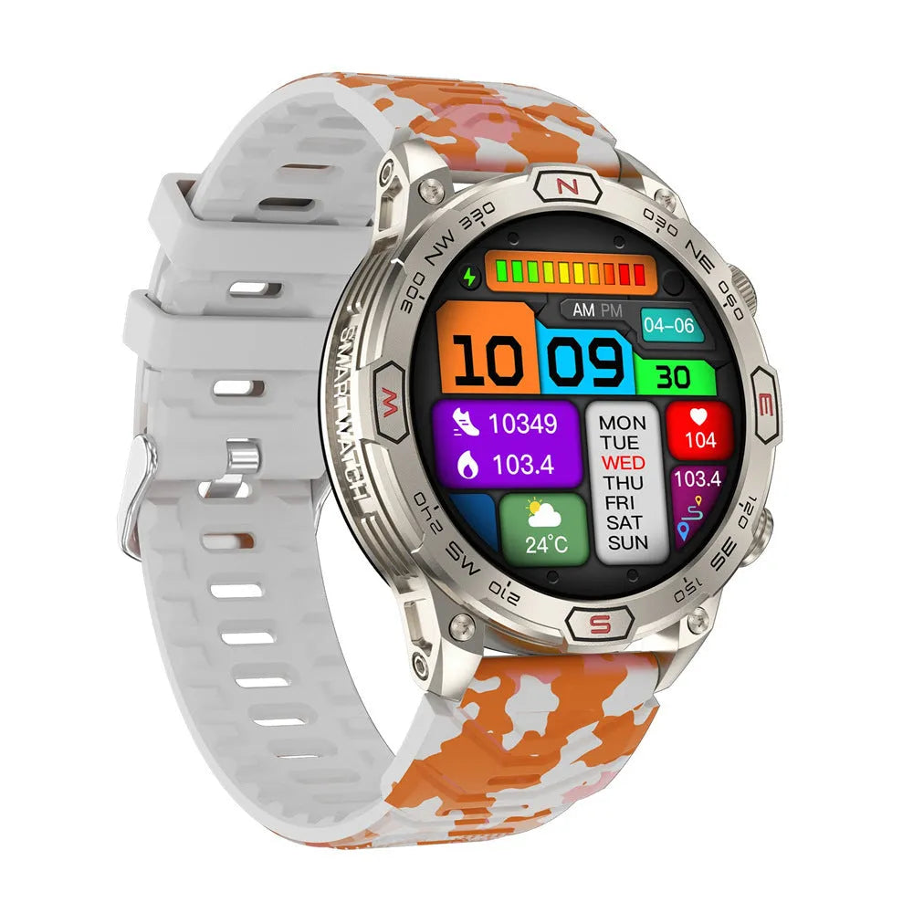 Sports smartwatch with AMOLED display in black orange camo colours showing fitness tracking features