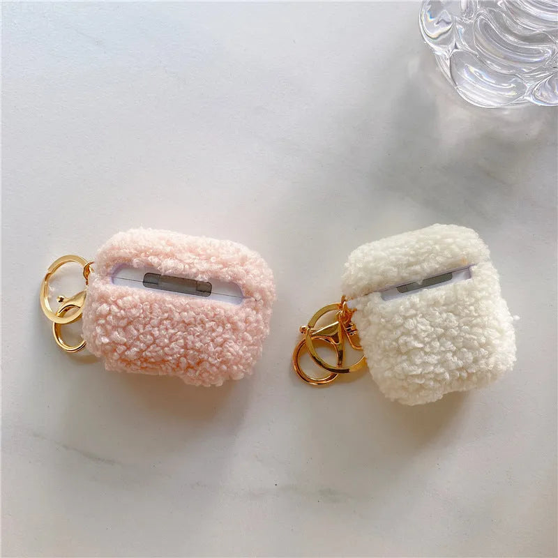 Plush pig flannel AirPods protective cover with bracelet in pink or beige