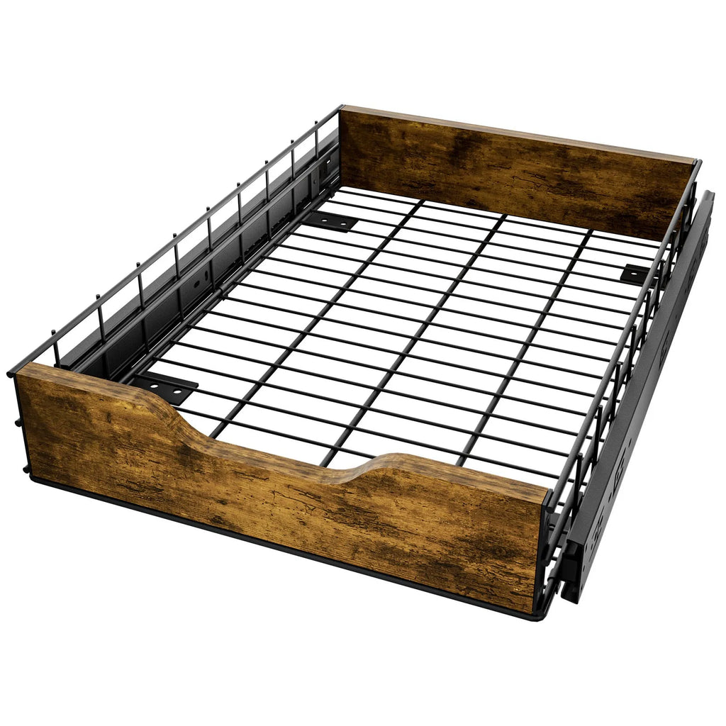 Black household storage basket drawer with wood and iron frame, showing pull-basket design.