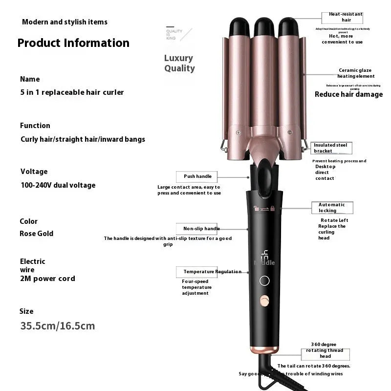 Rose gold five-tube negative ion hair curler with LCD display and protective gloves