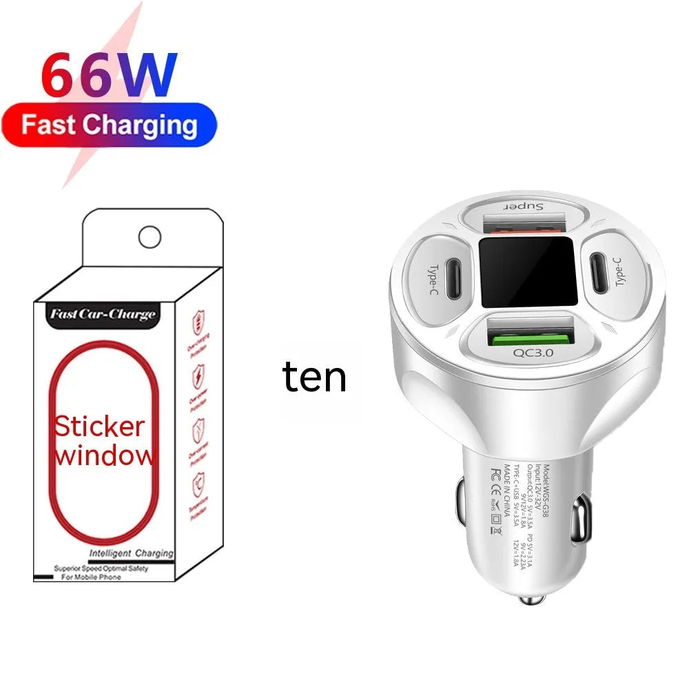 Black 66W digital display car charger with two USB ports and two Type-C ports