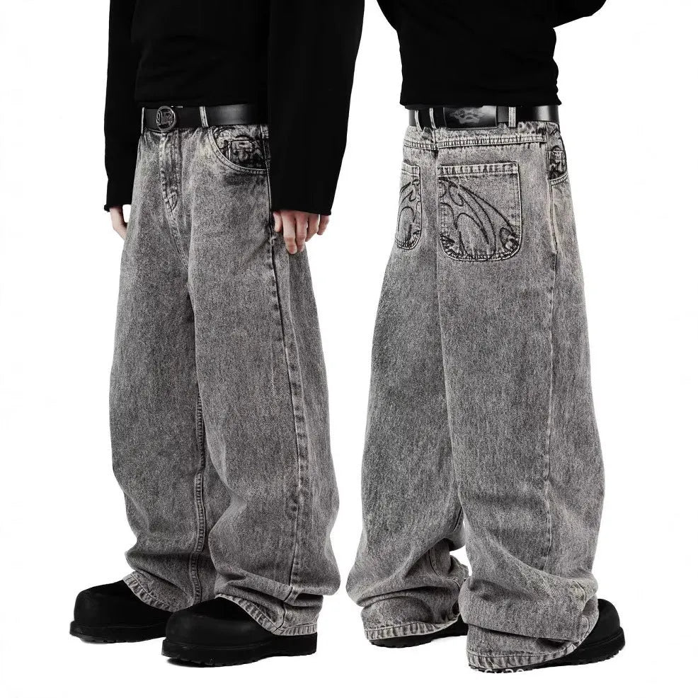 Gray loose straight-leg denim trousers with mid waist on hanger