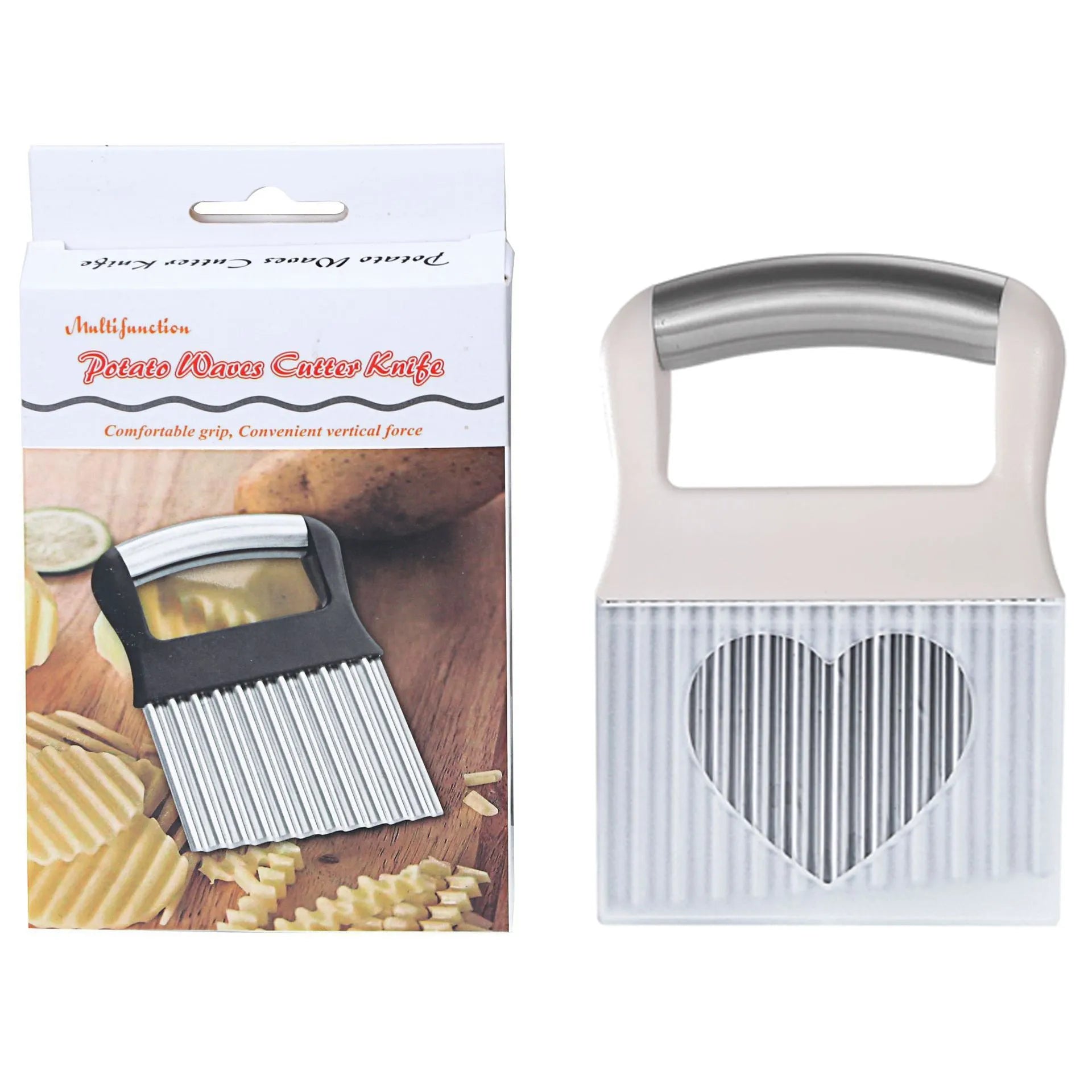 Stainless steel potato wave knife for making crinkle-cut chips on a wooden board.