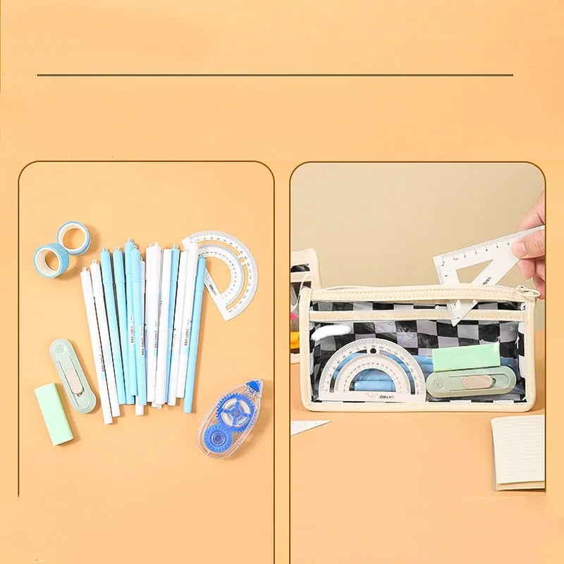 Transparent PVC pencil case with a chessboard pattern, showing pens inside.