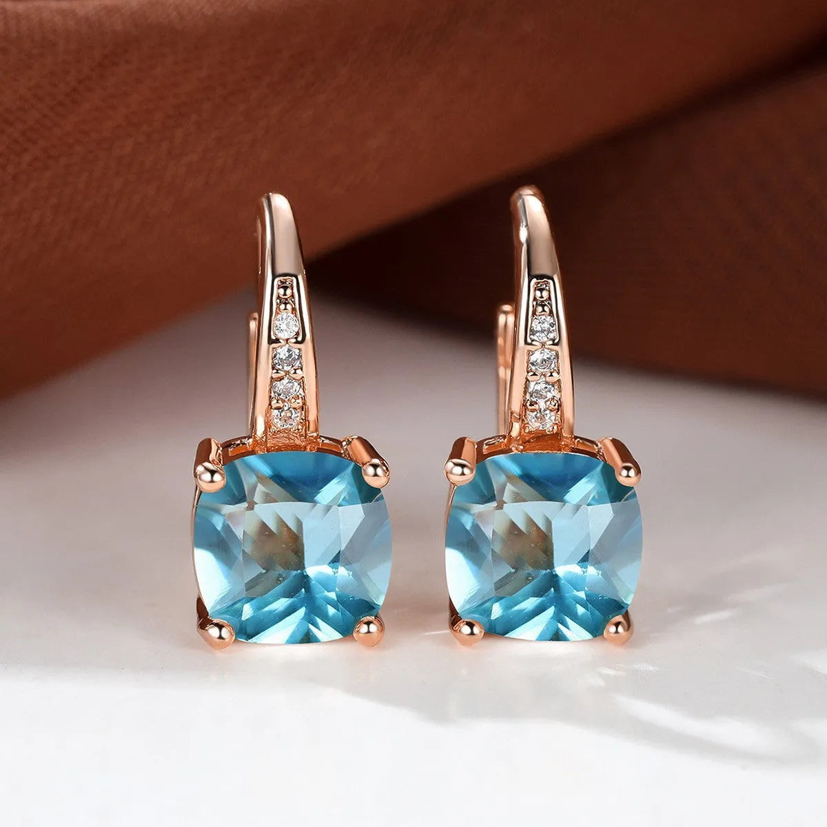 Square geometric ear hooks with round zircon inlays in gold, platinum, or rose gold finish