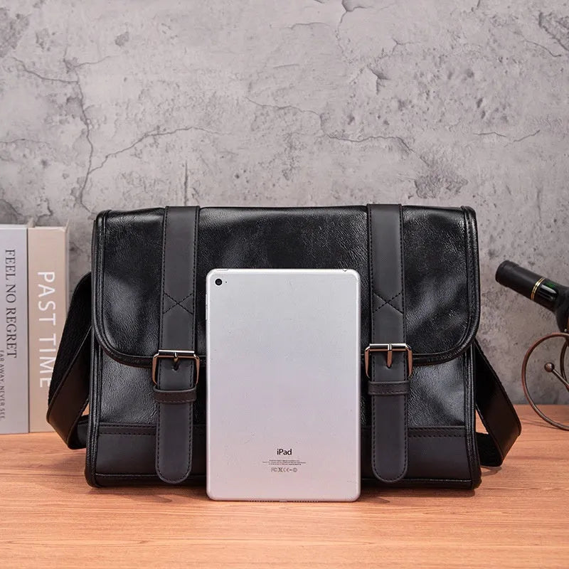 Black Korean style men's commuter backpack with anti-theft features and visible sewing thread detailing