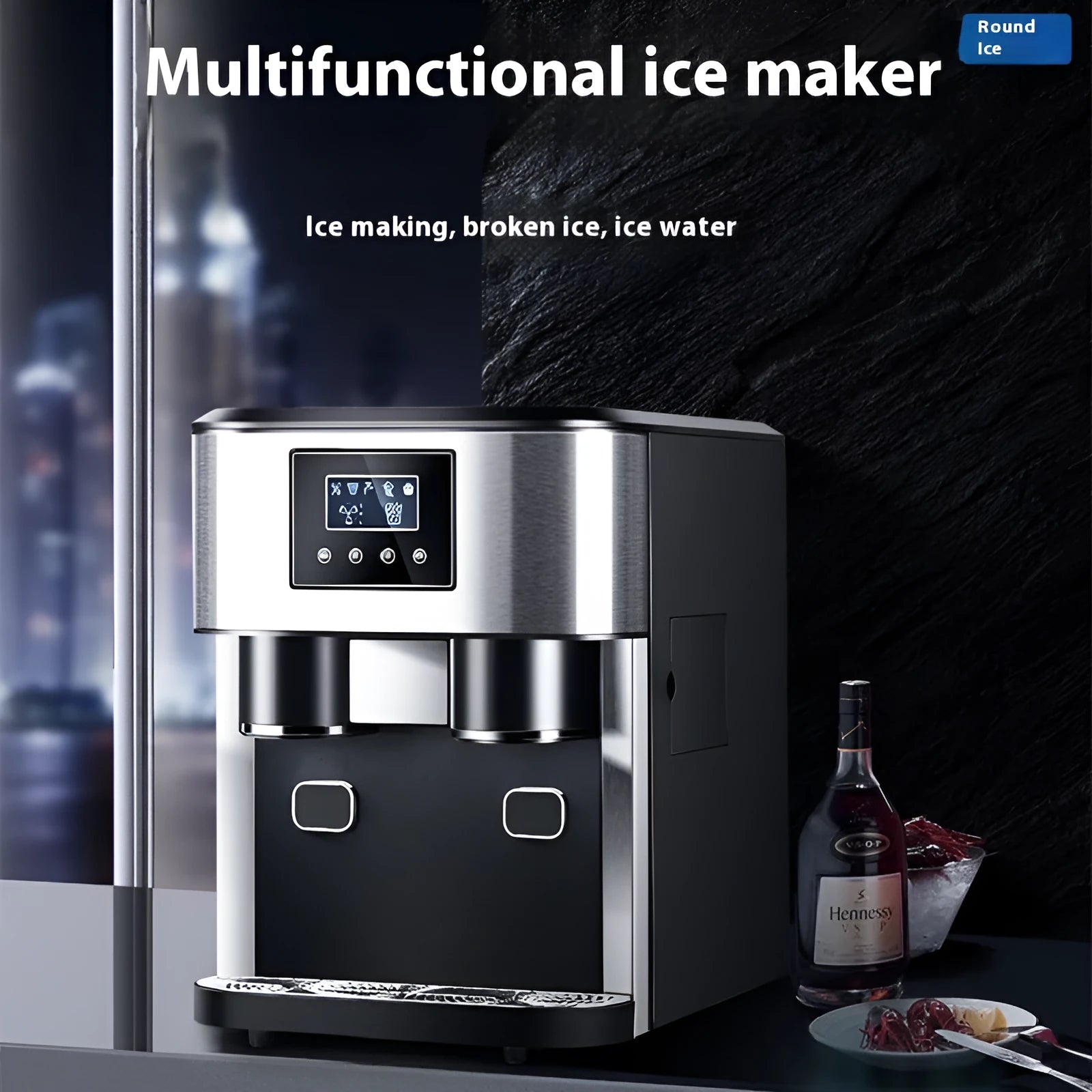 Black desktop ice maker with stainless steel accents on a kitchen countertop