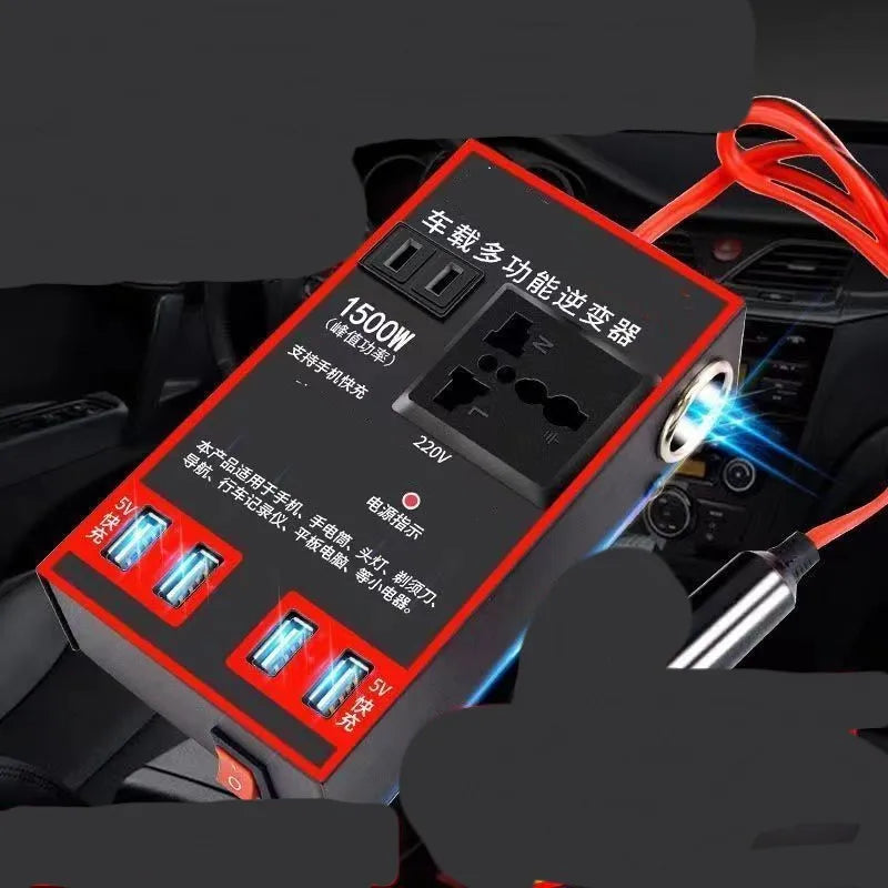 Black automotive power converter for 12V/24V to 220V conversion with AC socket and four USB ports