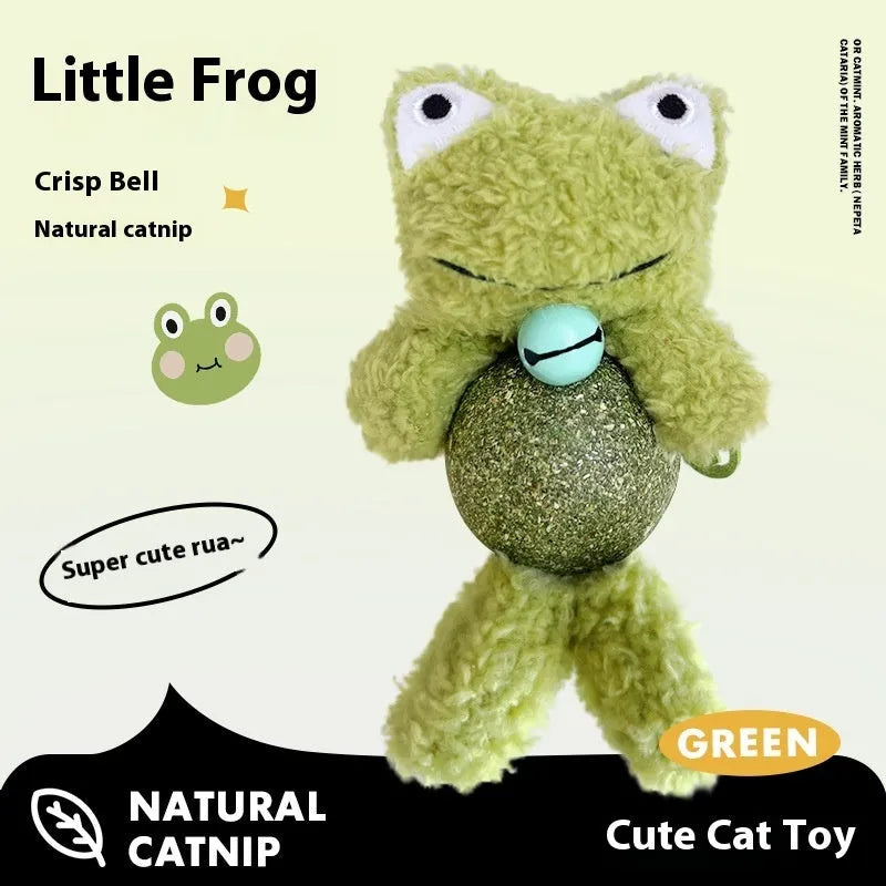 Brown bear plush cat toy with a mint ball and bell, showing size of 15cm height.
