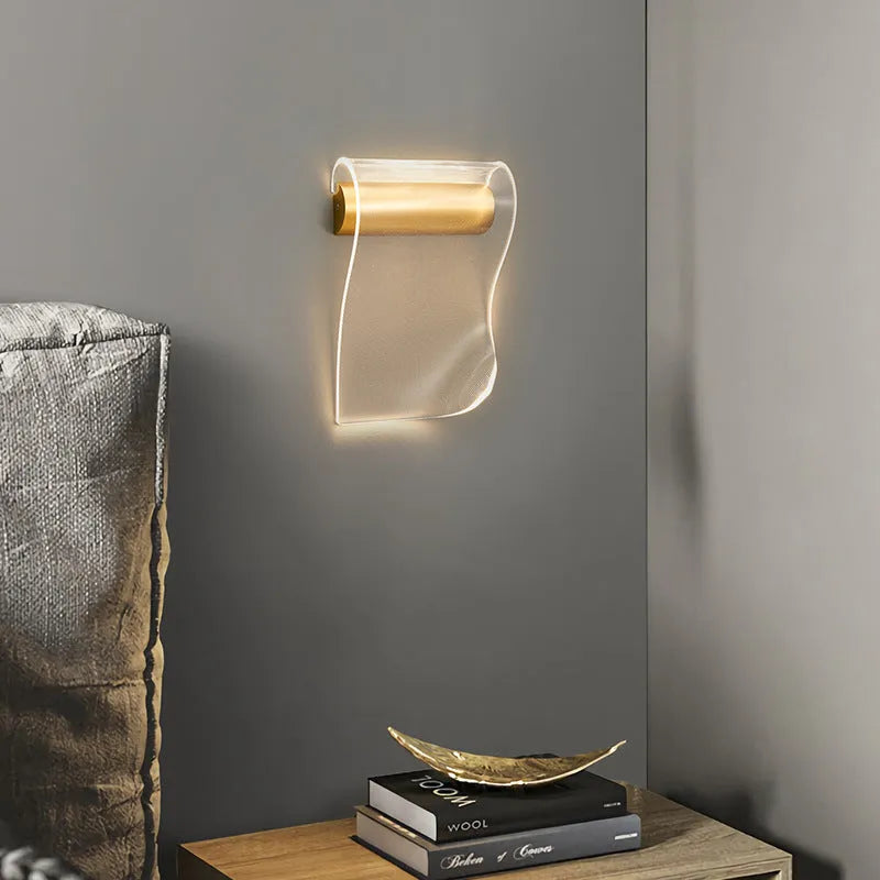Acrylic and iron wall lamp shown in left bend and right bend orientation options.