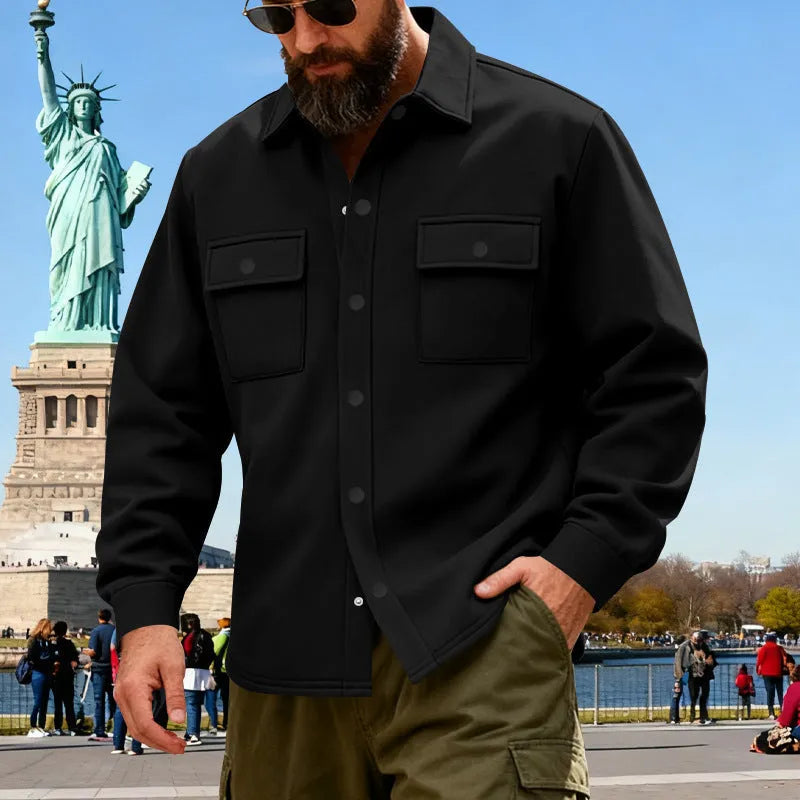 Men's heavyweight loose fleece-lined workwear jacket with 3D patch pocket, thickened winter coat, five colours