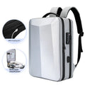 Men's black waterproof business backpack with curved shoulder straps shown from the side.