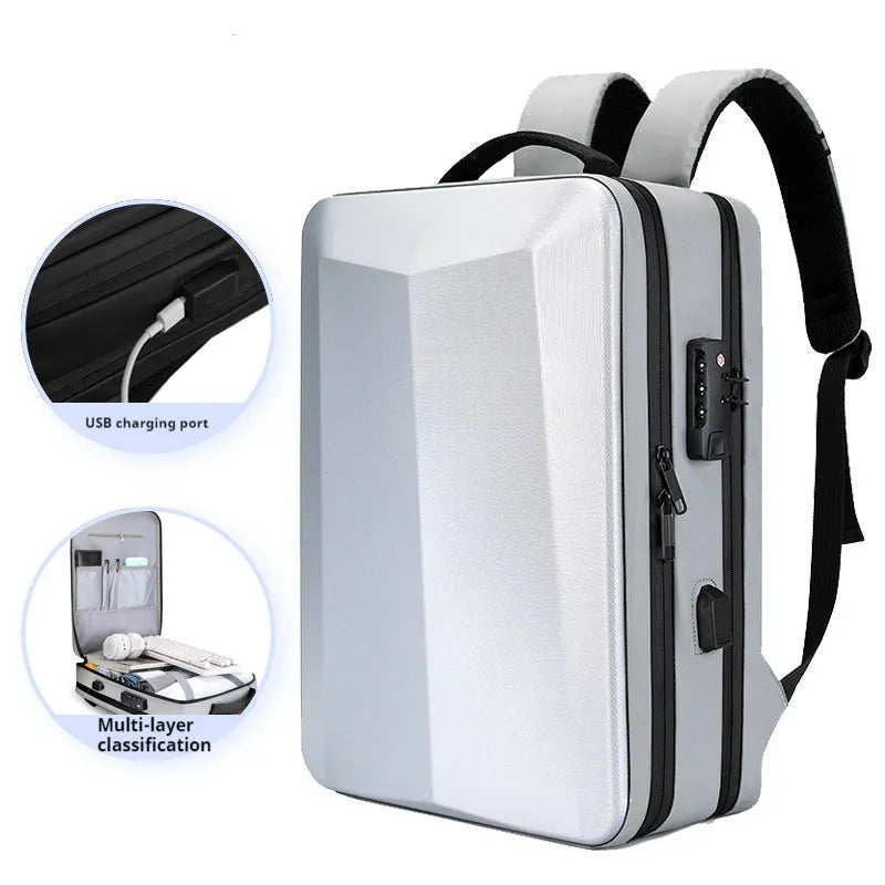 Men's black waterproof business backpack with curved shoulder straps shown from the side.