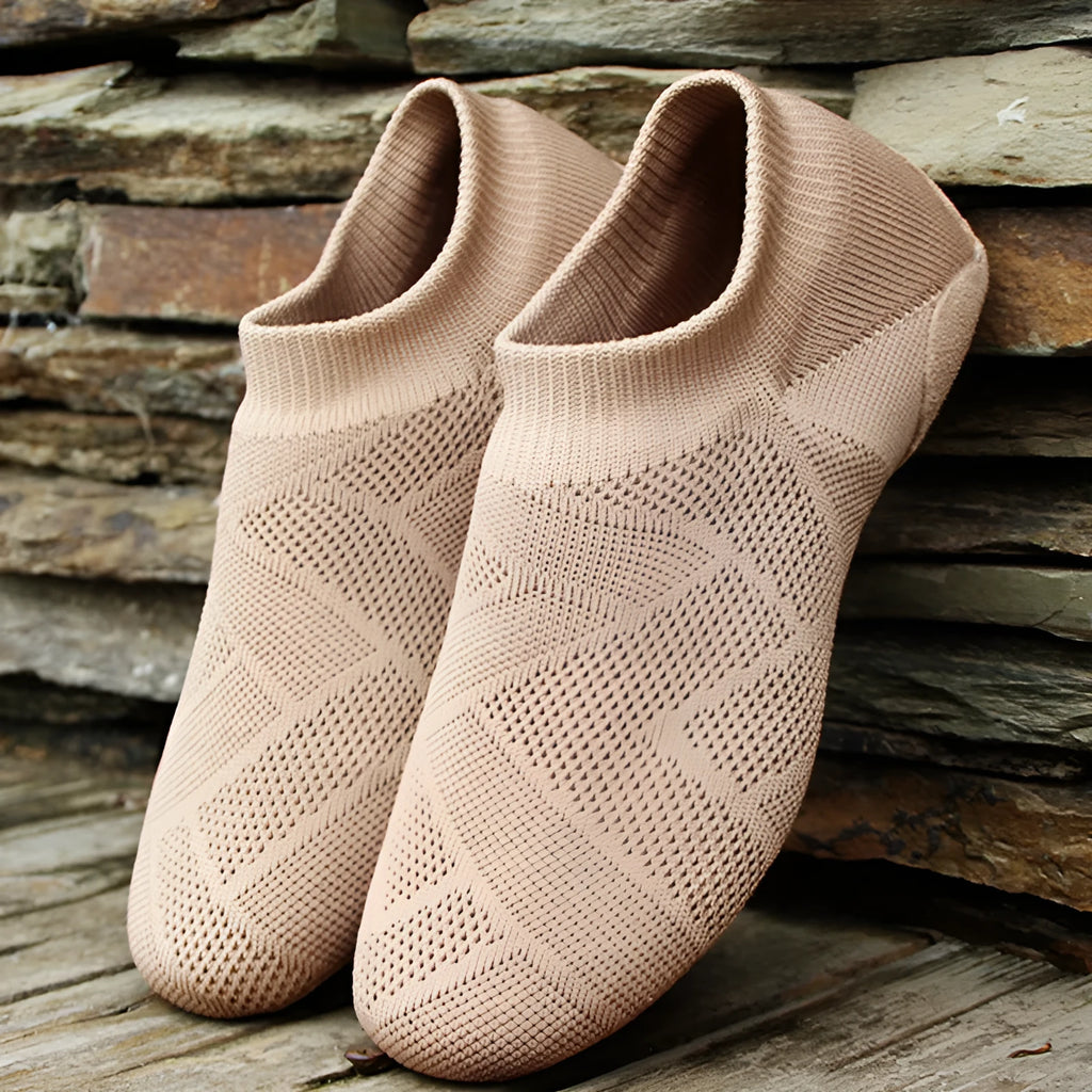 Camel coloured Latin dance shoes with cotton mesh upper and leather sole for contemporary dance and yoga