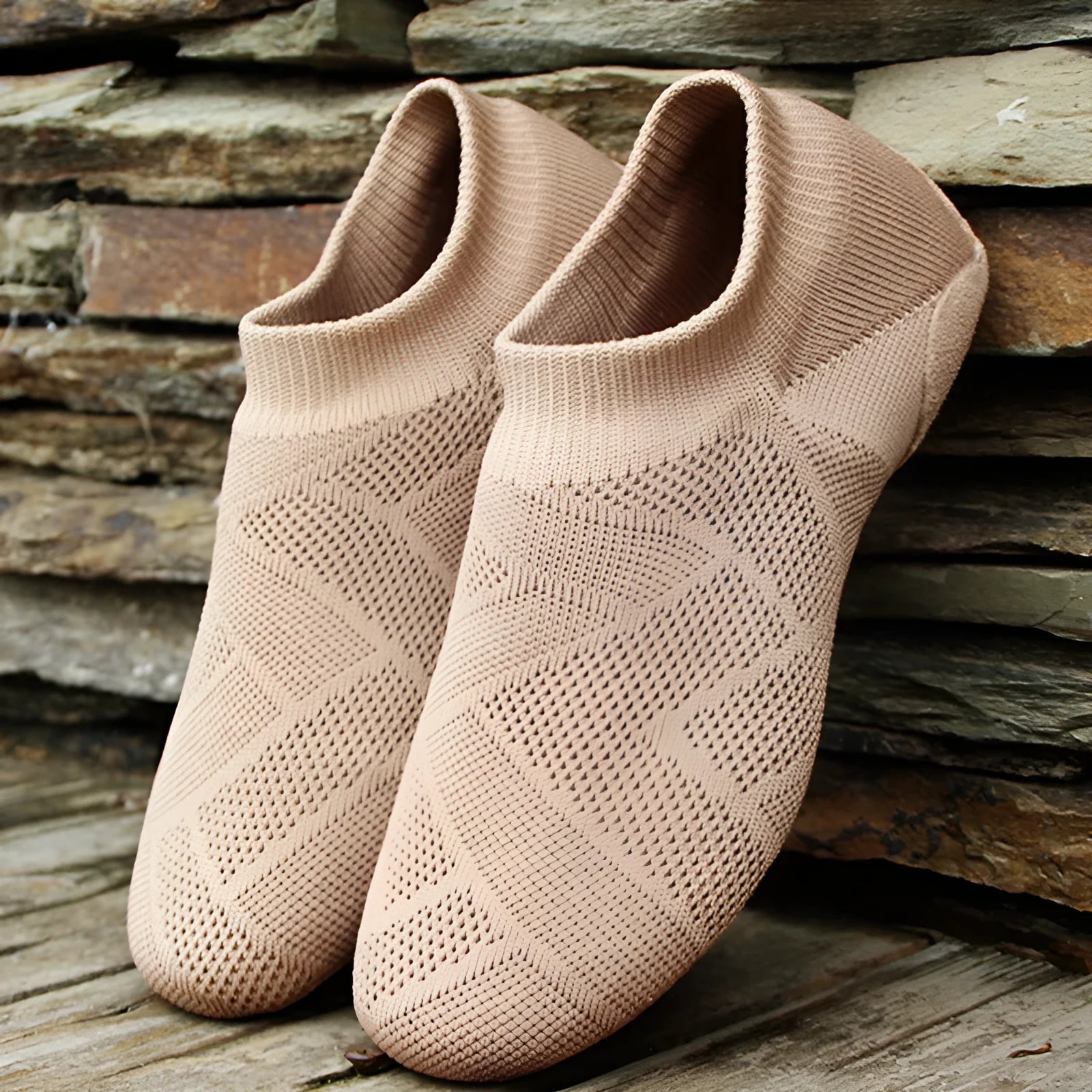 Camel coloured Latin dance shoes with cotton mesh upper and leather sole for contemporary dance and yoga