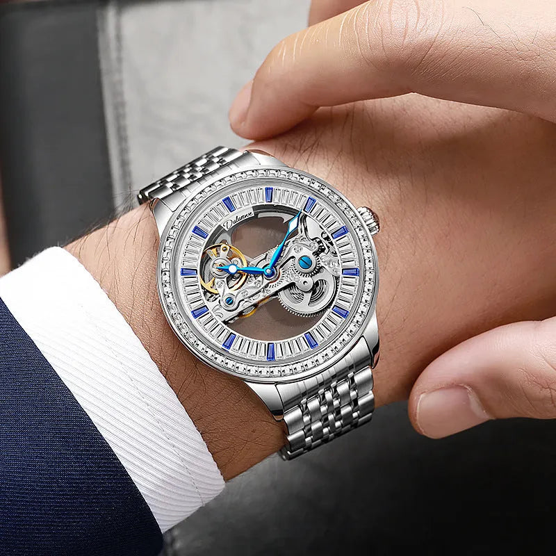 Men's rose gold stainless steel waterproof mechanical watch with transparent case back on wrist.