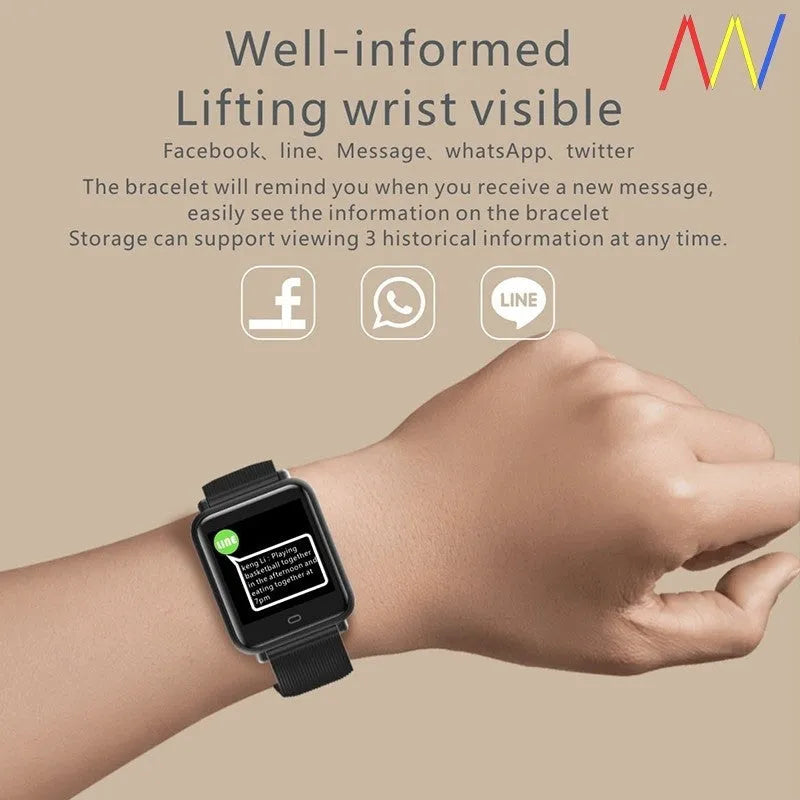 Q9 smart watch with 1.3 inch touch screen on silicone strap, black, showing heart rate display