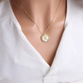 Gold English letter round pendant necklace with colourful crystals on clavicle length chain