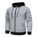 Men's hooded zip cardigan hoodie in black with dark grey hat, polyester with wool lining, long sleeve, regular fit
