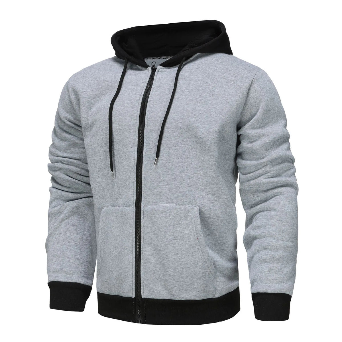 Men's hooded zip cardigan hoodie in black with dark grey hat, polyester with wool lining, long sleeve, regular fit