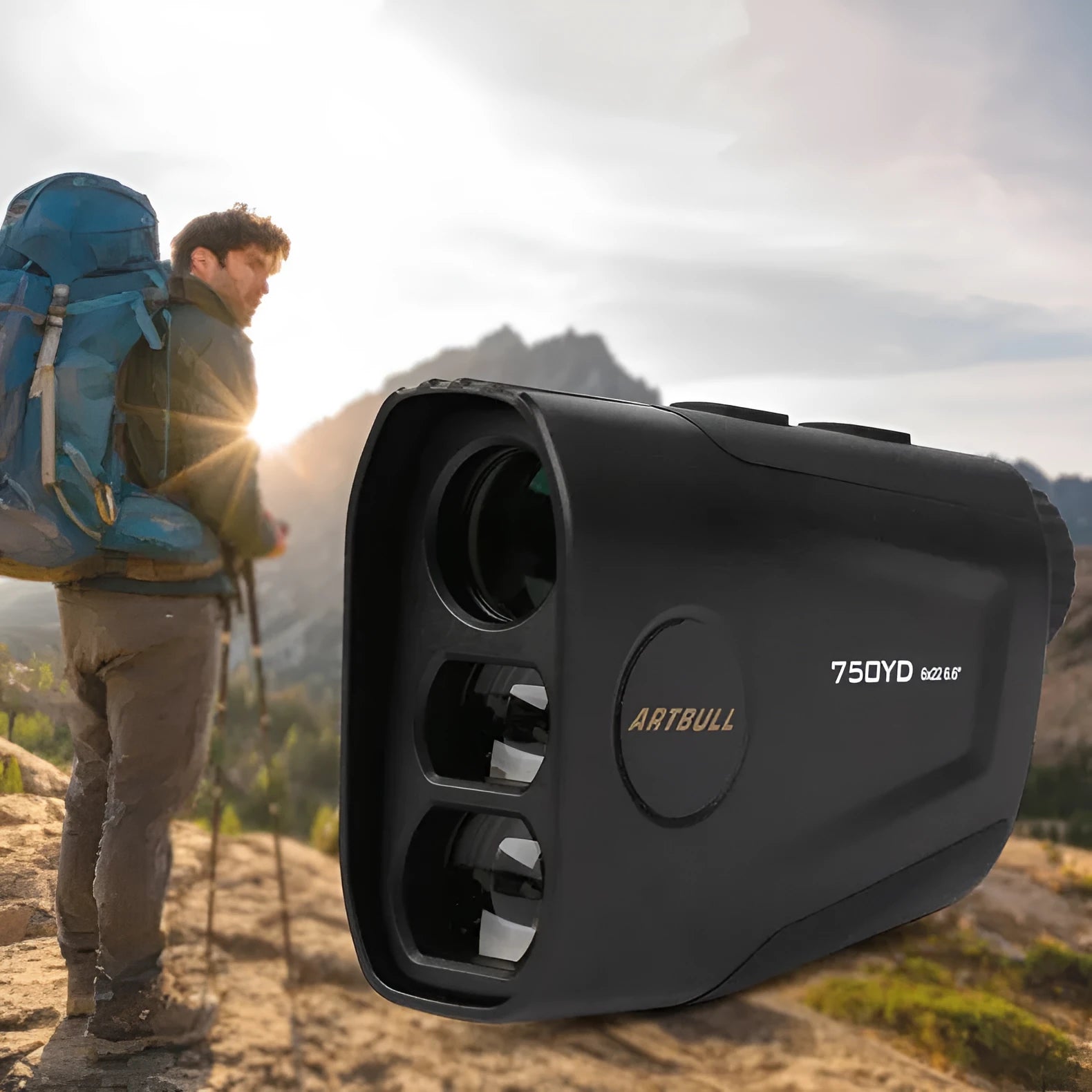 Golf laser rangefinder with 6x magnification lens showing LCD display with distance measurement