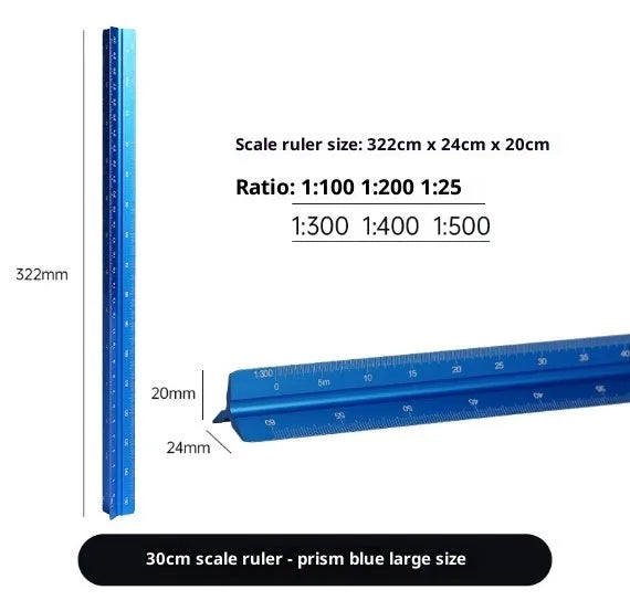 30cm triangular ruler in plastic and aluminium alloy, carbon black or prism blue scale tool