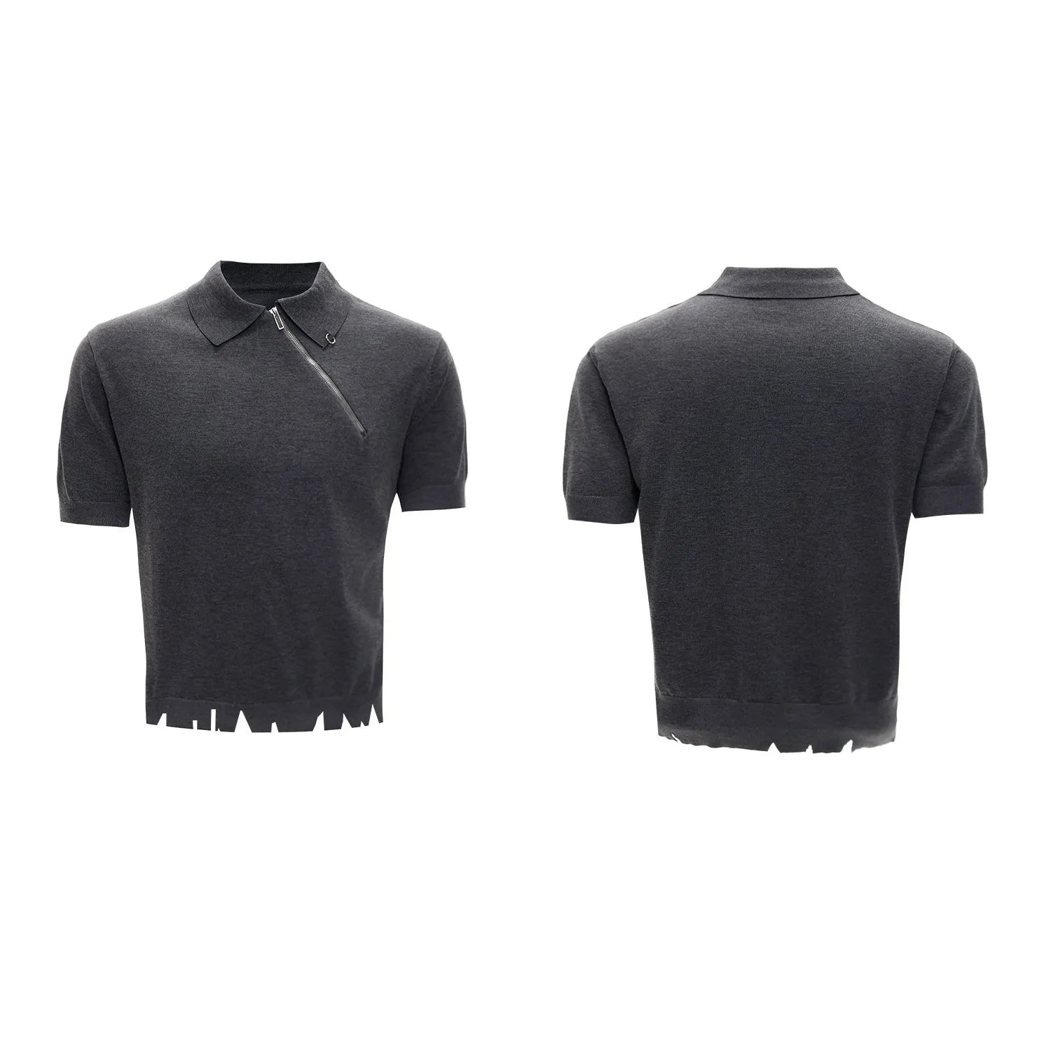 Men's slim-fit knitted polo shirt with ice-feel fabric and oblique zipper lapel collar in solid colour