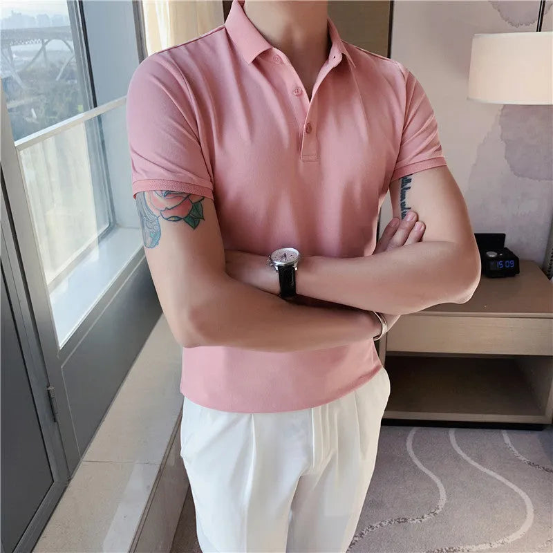 Korean tight fit solid colour polo shirt with lapels and short sleeves in cotton blend fabric