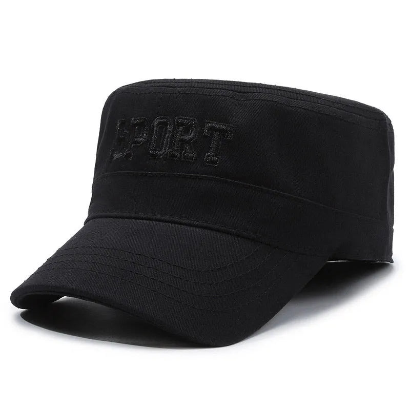 Men's adjustable cotton peaked cap in dome crown style with English letter detailing.