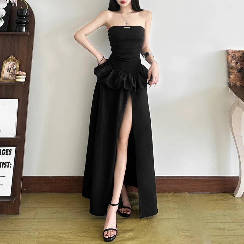 New women's solid colour black high waist off-neck split dress with A-line silhouette