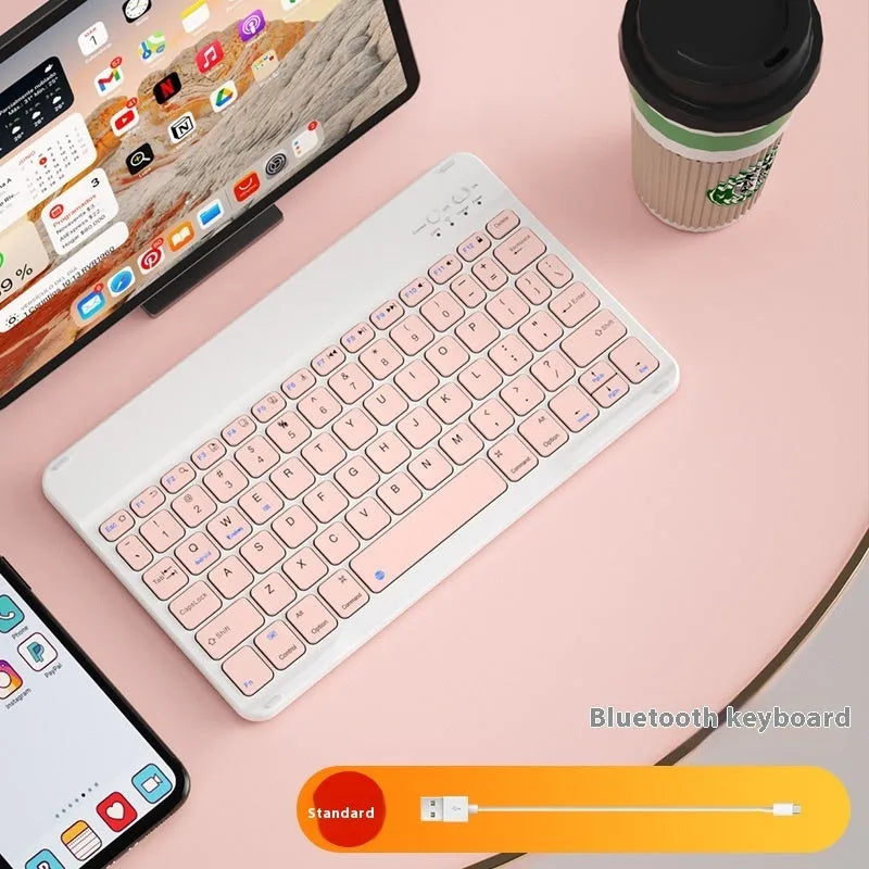Bluetooth keyboard and optional wireless mouse in colours like white, green, pink, and lavender for tablet and PC use.