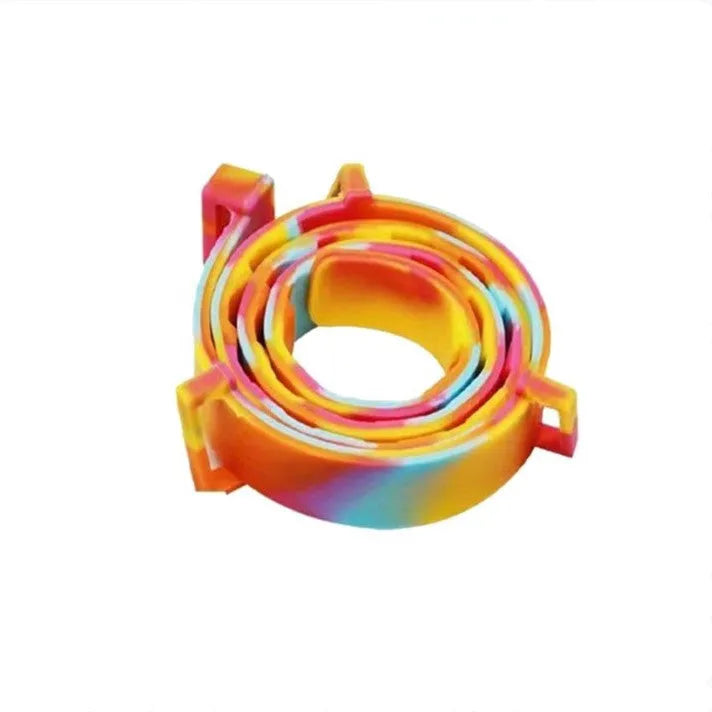 Plastic flea and anti-lice collar for pets in rainbow packaging, showing cat and dog size options.