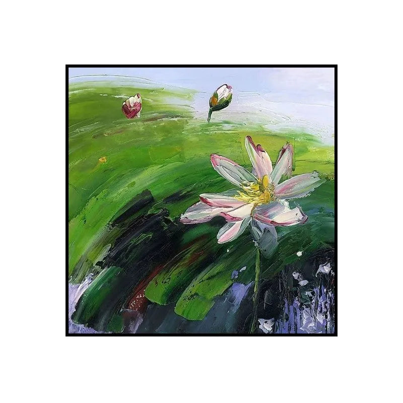 Hand painted square oil painting of a countryside landscape with lotus flowers on canvas, unframed wall art
