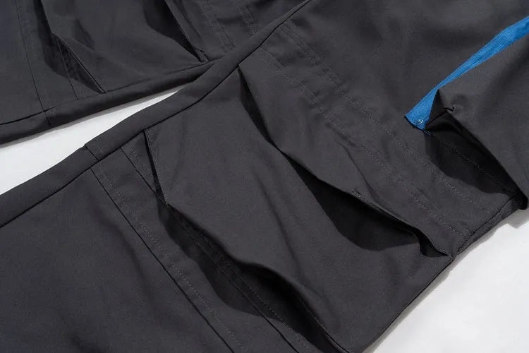 Multi-pocket contrast zip casual baggy pants in dark grey cotton with loose fit and mid waist