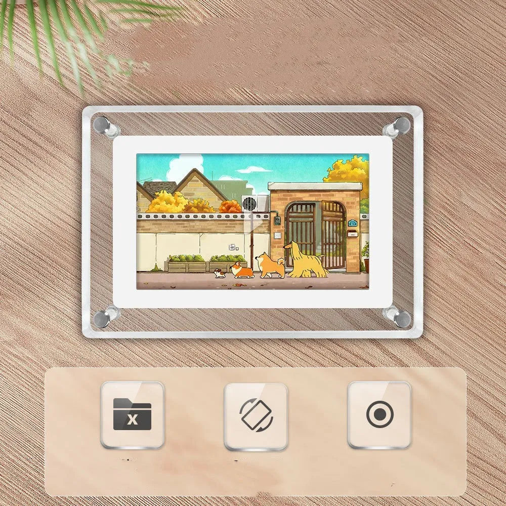 5-inch transparent acrylic digital photo frame with IPS screen and anti-dumping bracket on a desktop