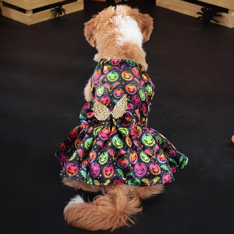 Dog wearing orange angel wings Halloween costume with a chest strap.