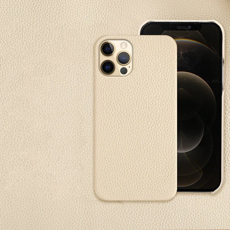 Genuine leather brown iPhone protective case showing half-coverage design on an iPhone.