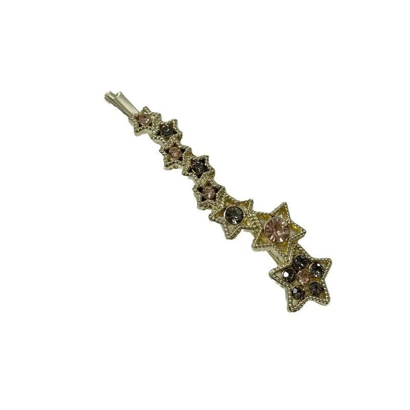 Gold Korean style rhinestone barrette with five-pointed star decoration and side clip for bangs