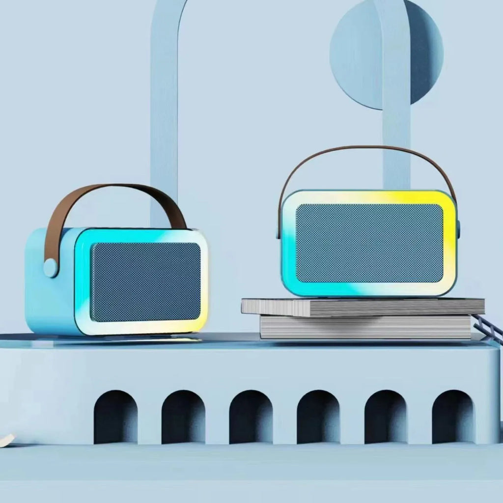 Portable Bluetooth speaker microphone with coloured lights in pink, sky blue, or white colour options.