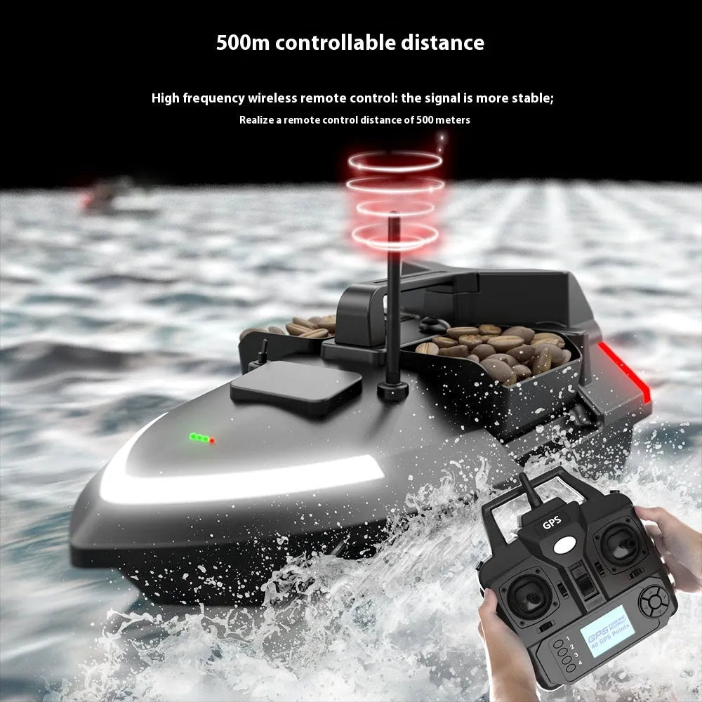 V020 GPS remote control fishing boat in luminous yellow on water, showing remote controller and handbag.